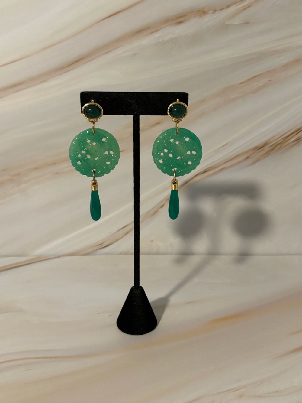 Kenneth Jay Lane (KJL) Jade Green Resin Drop Earrings with Gold Accents 3”